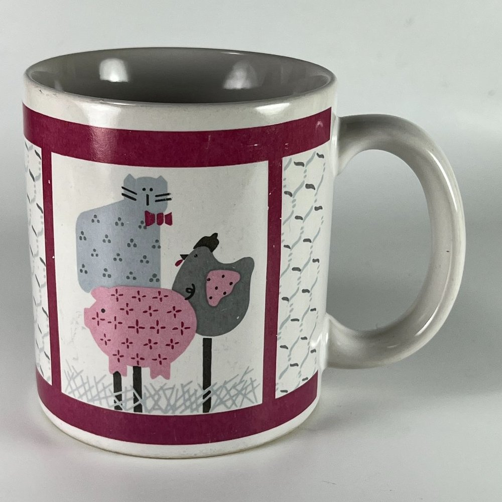 Cat Chicken Pig Coffee Cup Mug Multicolor Ceramic Folk Country Art House